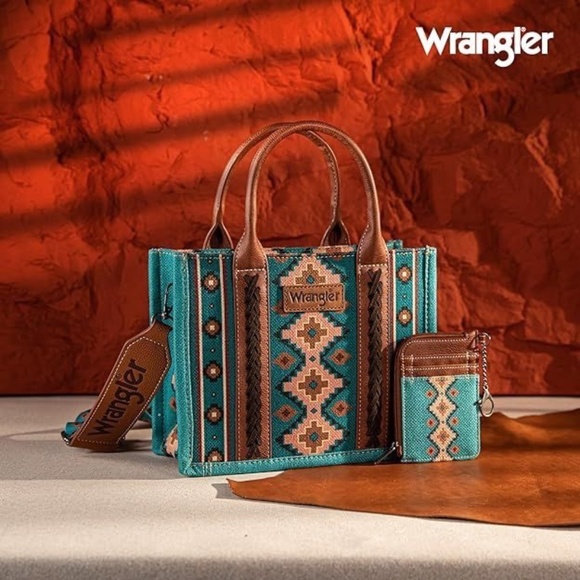 Wrangler Handbags - Wrangler Aztec Small Tote/Crossbody and Card Case Set 2Pc- Turquoise